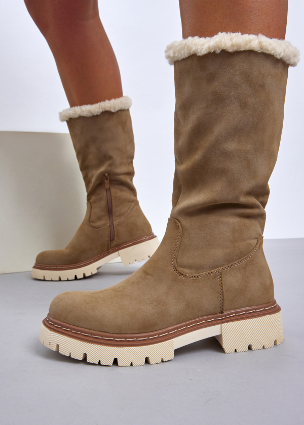 Khaki Boots with Contrast Sole and Shearling Trim