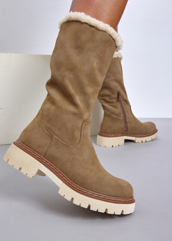 Khaki Boots with Contrast Sole and Shearling Trim 1