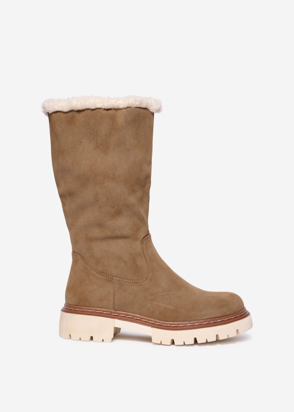 Khaki Boots with Contrast Sole and Shearling Trim 3