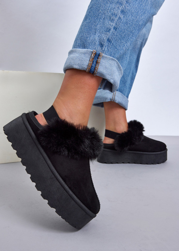 Black Platform Shoes with Faux Fur Trim 1