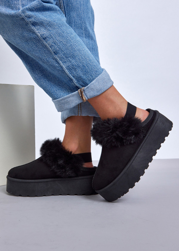 Black Platform Shoes with Faux Fur Trim 2