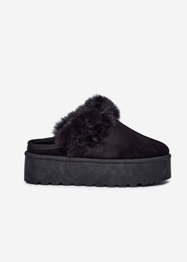 Black Platform Shoes with Faux Fur Trim 3