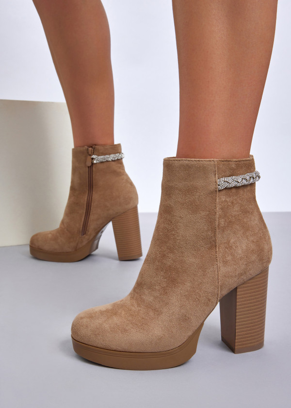 Khaki rhinestone plait strap detail heeled ankle boots