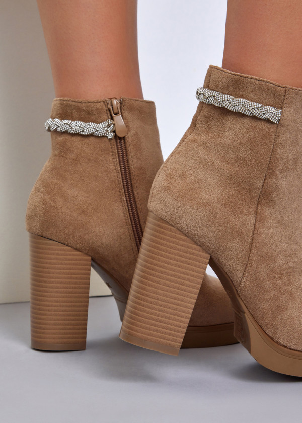 Khaki rhinestone plait strap detail heeled ankle boots 2