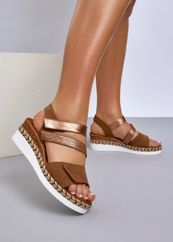 Tan Metallic Strap Platform Sandals