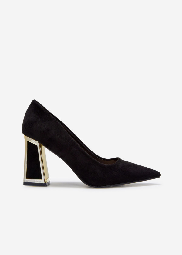 Black Suede Pointed Toe Pumps with Gold Block Heel 3