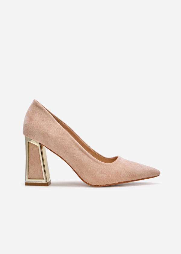 Beige Suede Pumps with Geometric Gold Heel 3