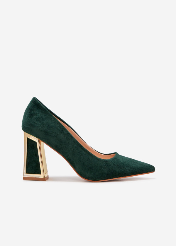 Green Suede Pointed Toe Pumps with Gold Block Heel 3