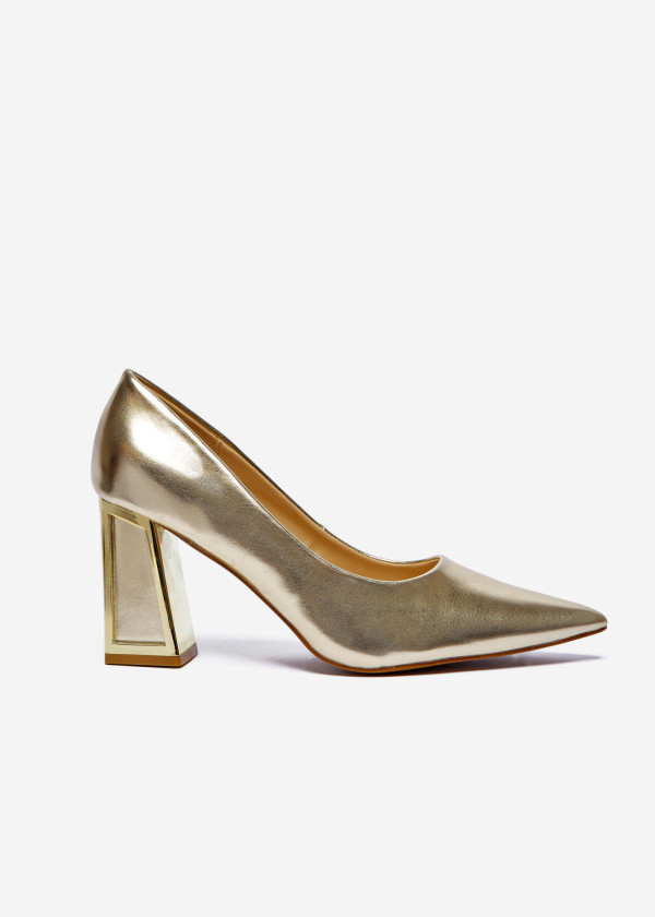 Gold Pointed Toe Pumps with Gold Block Heel 3
