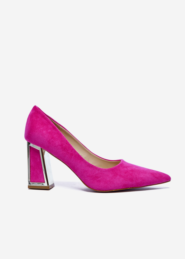 Fuchsia Suede Block Heel Pumps 3