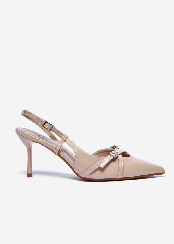 Beige Slingback Heels with Buckle Detail 3