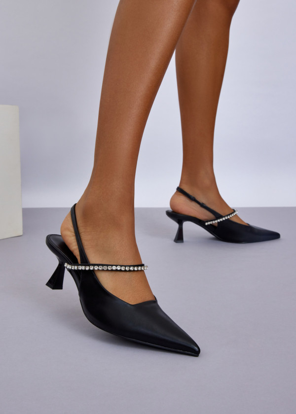 Black Pointed Toe Slingback Heels with Rhinestone Strap 4