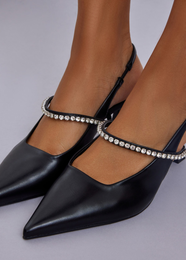 Black Pointed Toe Slingback Heels with Rhinestone Strap 2