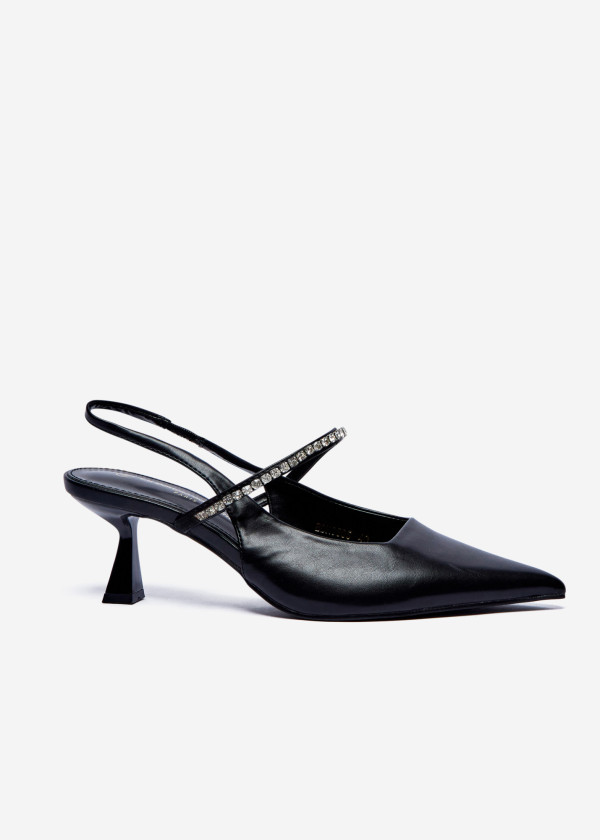 Black Pointed Toe Slingback Heels with Rhinestone Strap 3