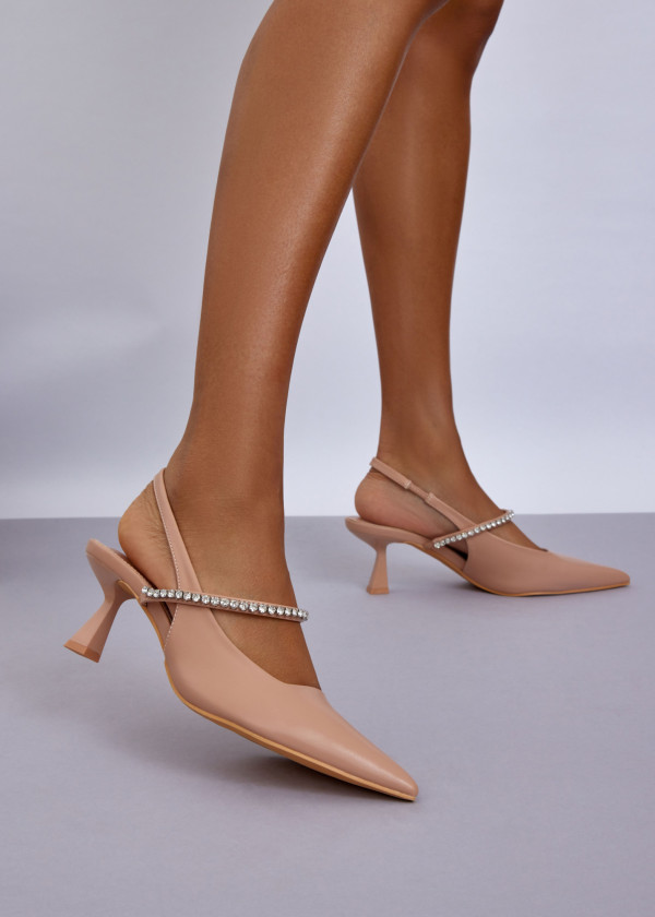 Nude Pointed Toe Slingback Heels with Rhinestone Strap 4