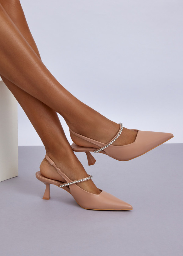 Nude Pointed Toe Slingback Heels with Rhinestone Strap 1