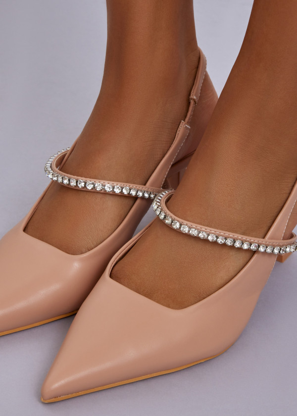 Nude Pointed Toe Slingback Heels with Rhinestone Strap 2