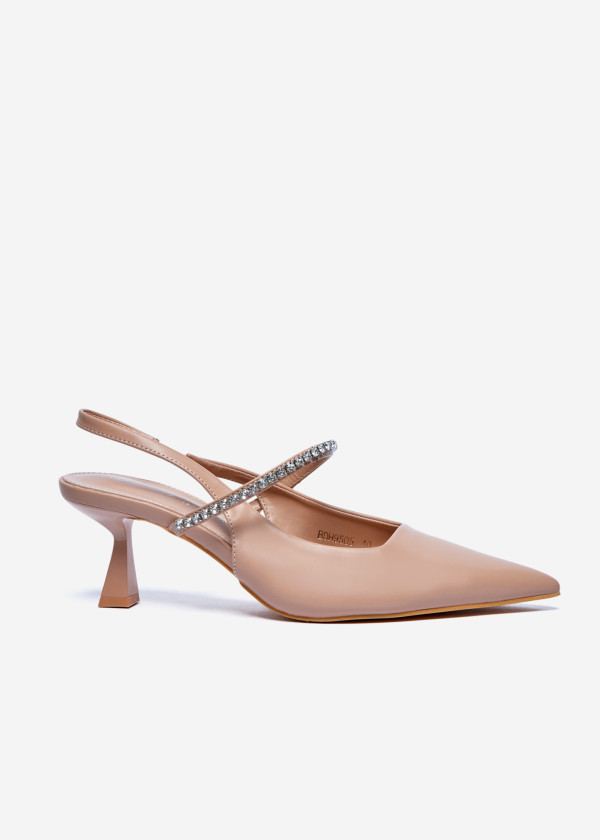 Nude Pointed Toe Slingback Heels with Rhinestone Strap 3