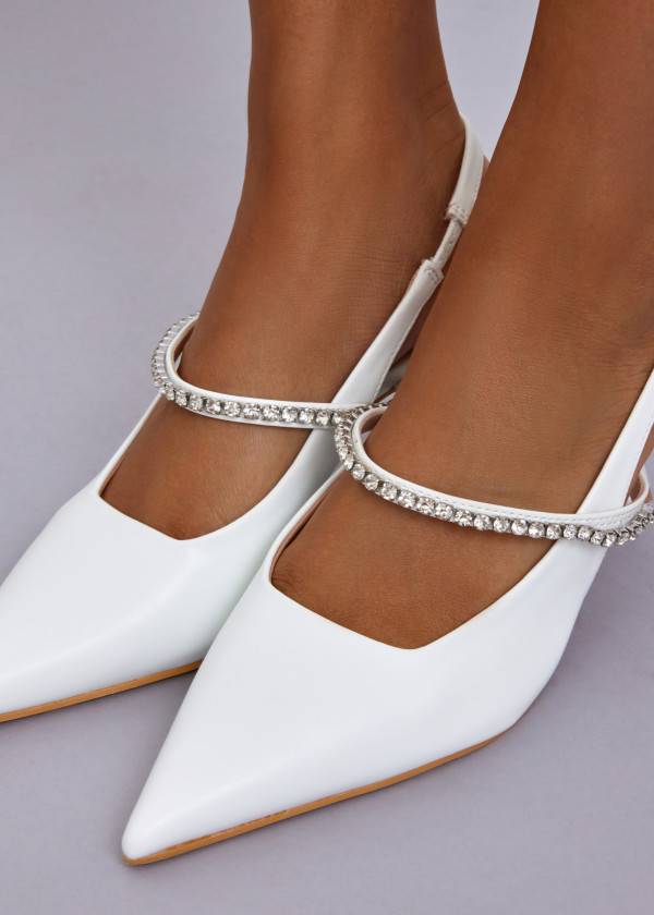White Pointed Toe Slingback Heels with Rhinestone Strap 2