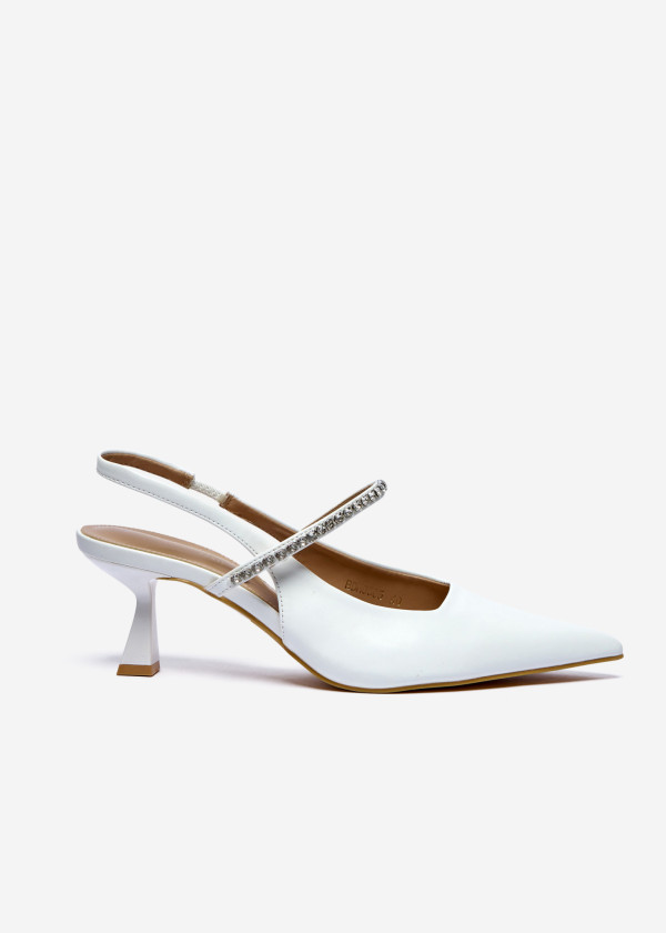 White Pointed Toe Slingback Heels with Rhinestone Strap 3