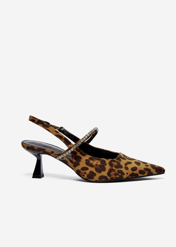 Leopard Pointed Toe Slingback Heels with Rhinestone Strap 3