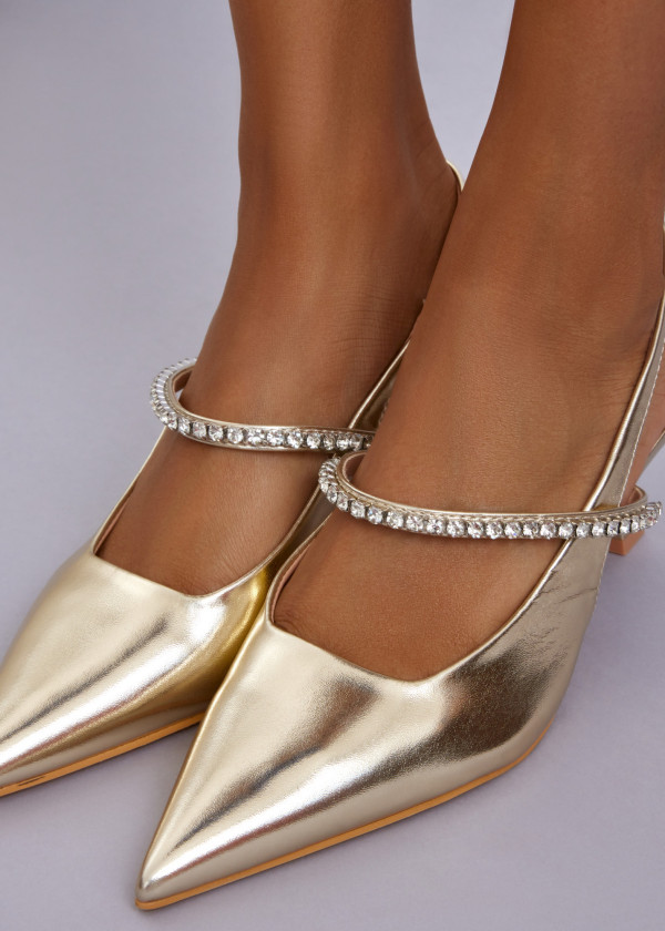 Gold Pointed Toe Slingback Heels with Rhinestone Strap 2