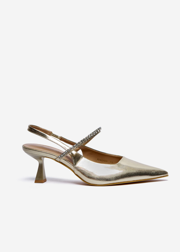 Gold Pointed Toe Slingback Heels with Rhinestone Strap 3