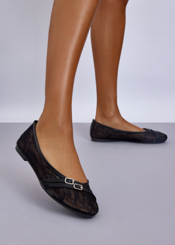 Black Lace Ballet Flats with Buckle Detail