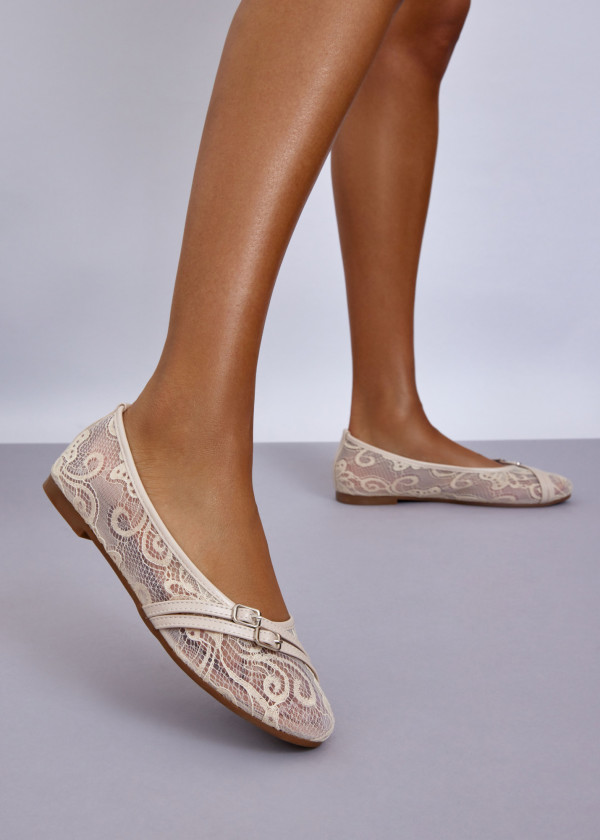 Beige Lace Ballet Flats with Buckle Detail