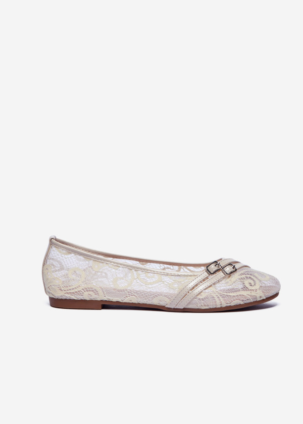Beige Lace Ballet Flats with Buckle Detail 3