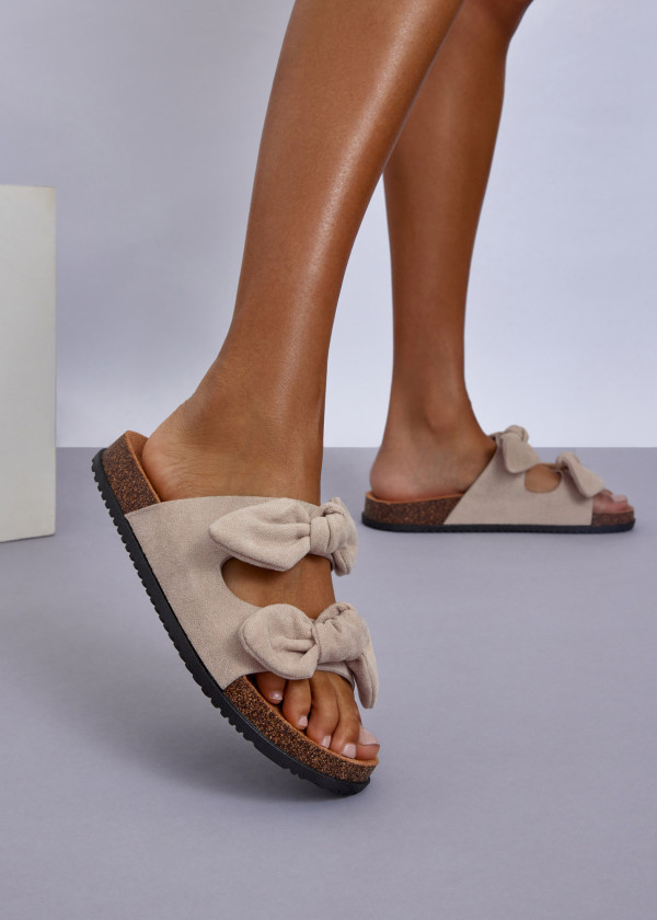 Beige Bow Slide Sandals
