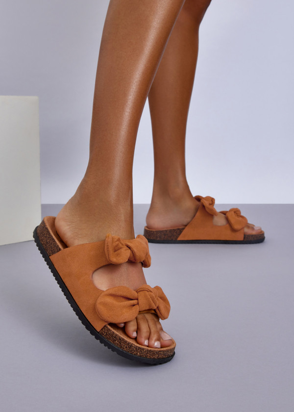 Tan Bow Slide Sandals