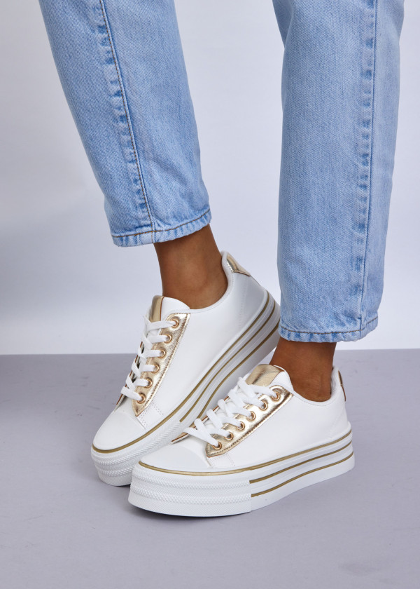 White & Gold Platform Sneakers