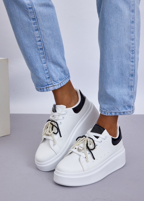 White Platform Sneakers with Pearl & Bead Embellished Laces
