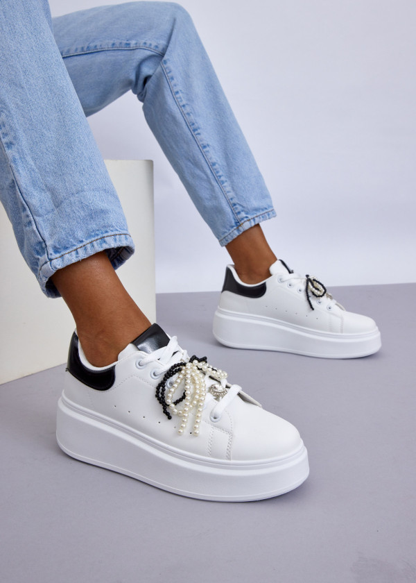 White Platform Sneakers with Pearl & Bead Embellished Laces 1