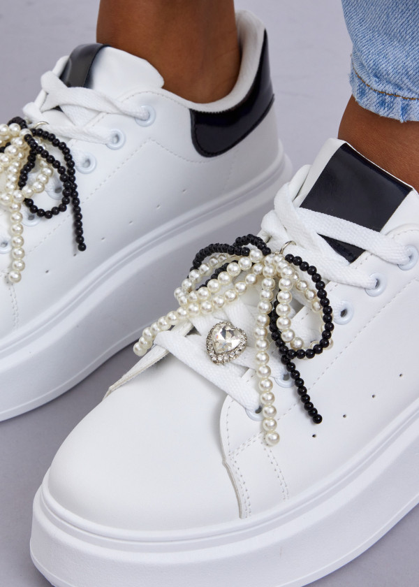 White Platform Sneakers with Pearl & Bead Embellished Laces 2
