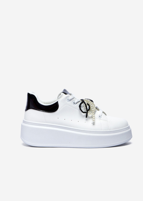 White Platform Sneakers with Pearl & Bead Embellished Laces 3