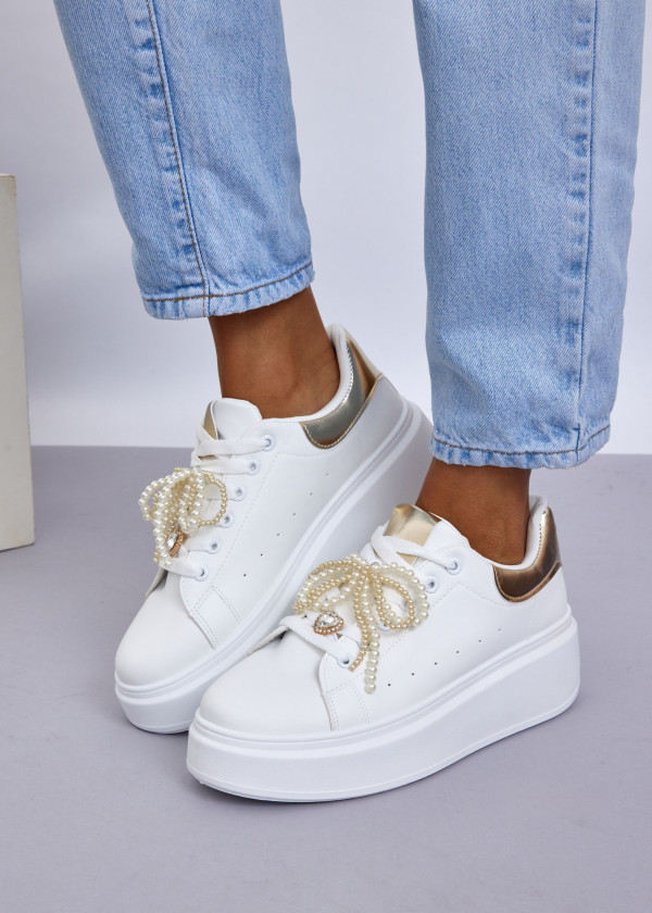 White Platform Sneakers with Gold Accents & Pearl Embellished Laces