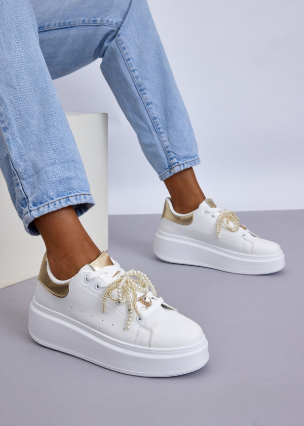 White Platform Sneakers with Gold Accents & Pearl Embellished Laces 1