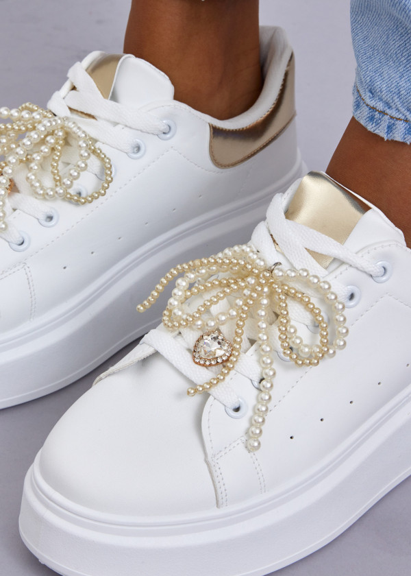 White Platform Sneakers with Gold Accents & Pearl Embellished Laces 2