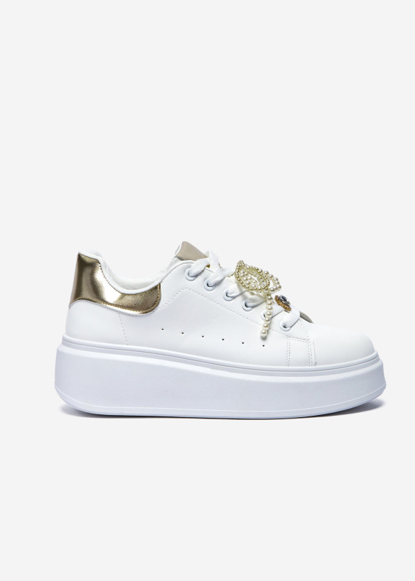 White Platform Sneakers with Gold Accents & Pearl Embellished Laces 3