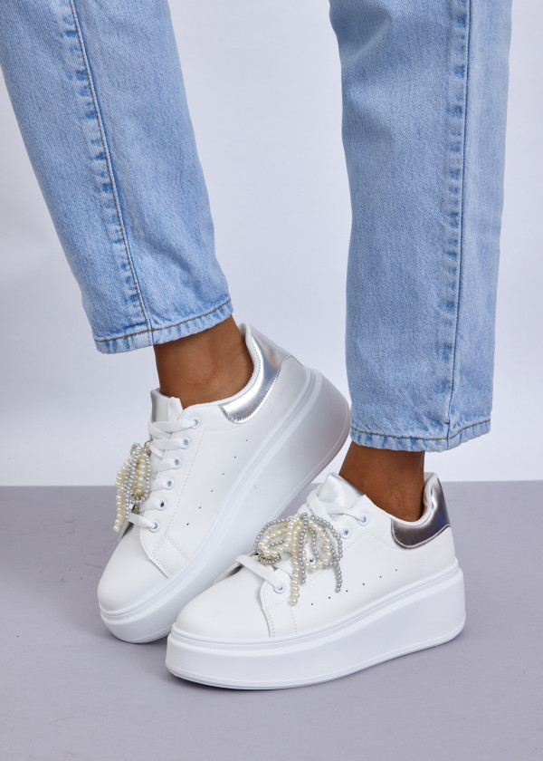 White Platform Sneakers with Silver Accents & Pearl Embellished Laces