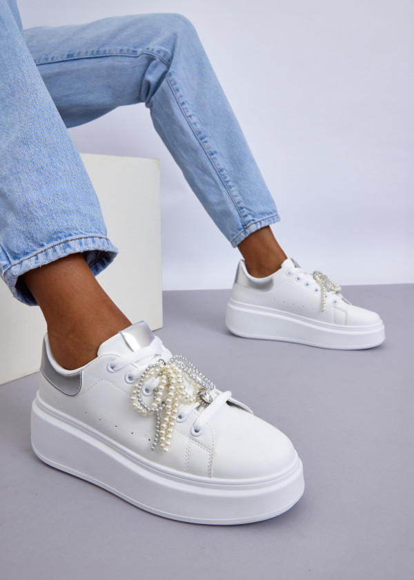 White Platform Sneakers with Silver Accents & Pearl Embellished Laces 1