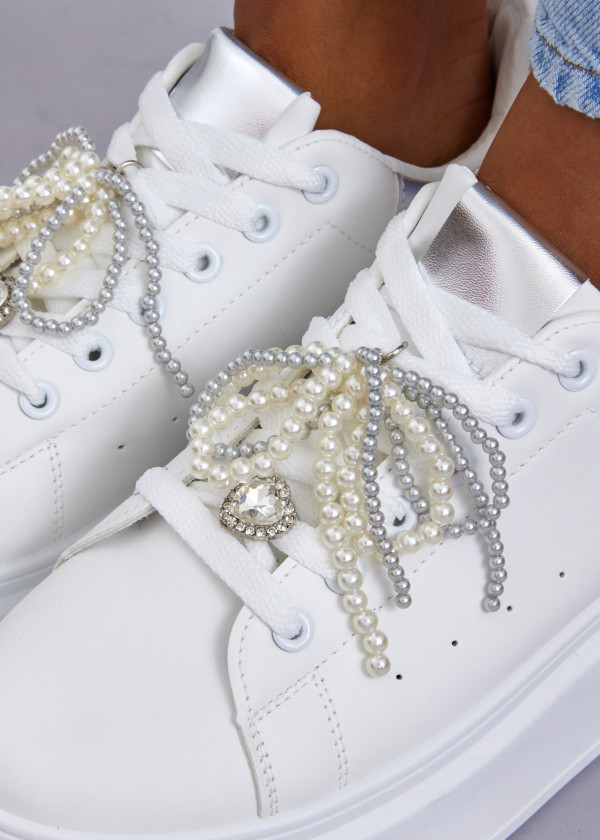 White Platform Sneakers with Silver Accents & Pearl Embellished Laces 2