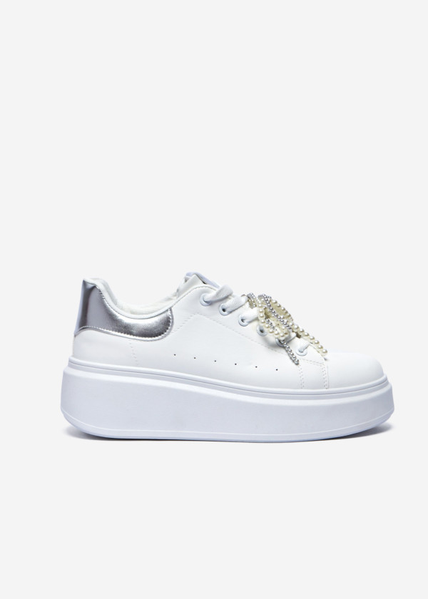 White Platform Sneakers with Silver Accents & Pearl Embellished Laces 3