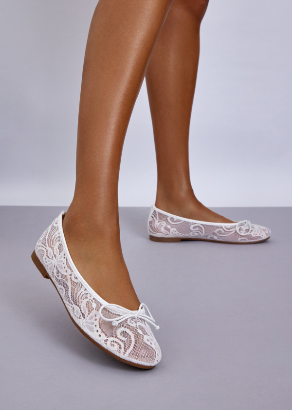 White Lace Ballet Flats with Bow Detail