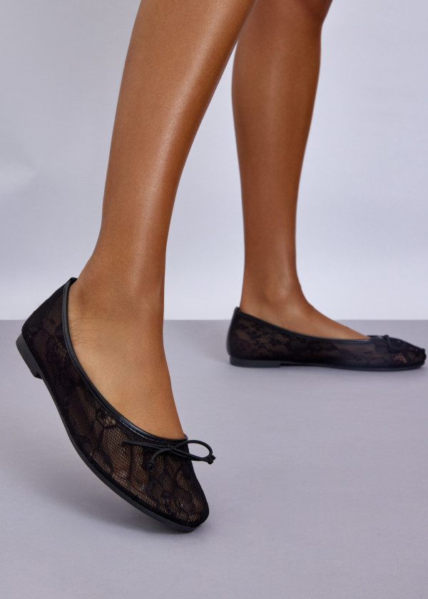 Black Lace Ballet Flats with Bow Detail