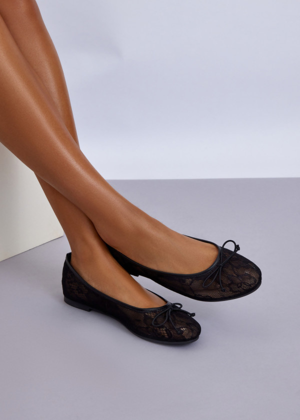 Black Lace Ballet Flats with Bow Detail 2