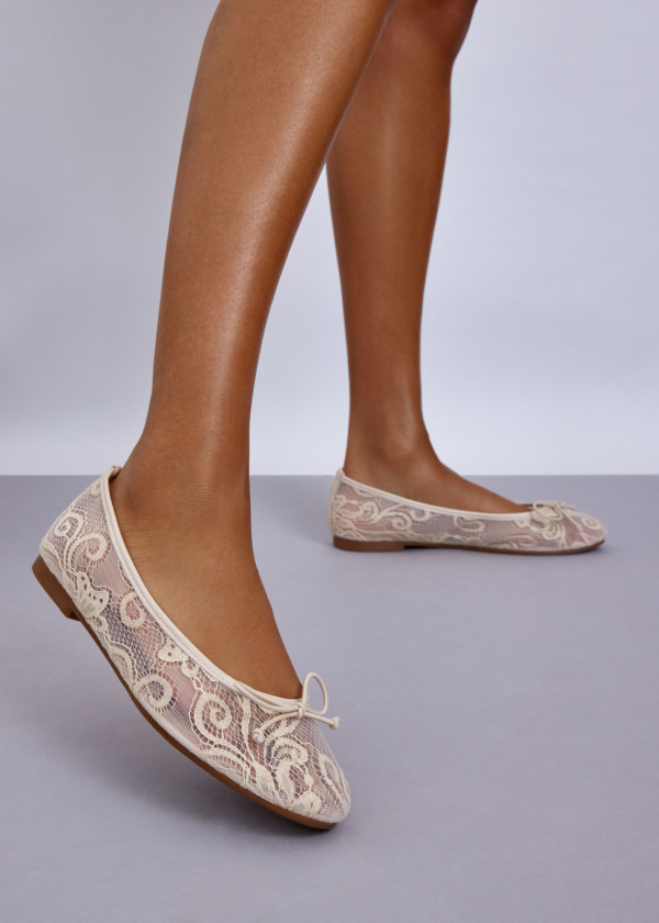 Beige Lace Ballet Flats with Bow Detail