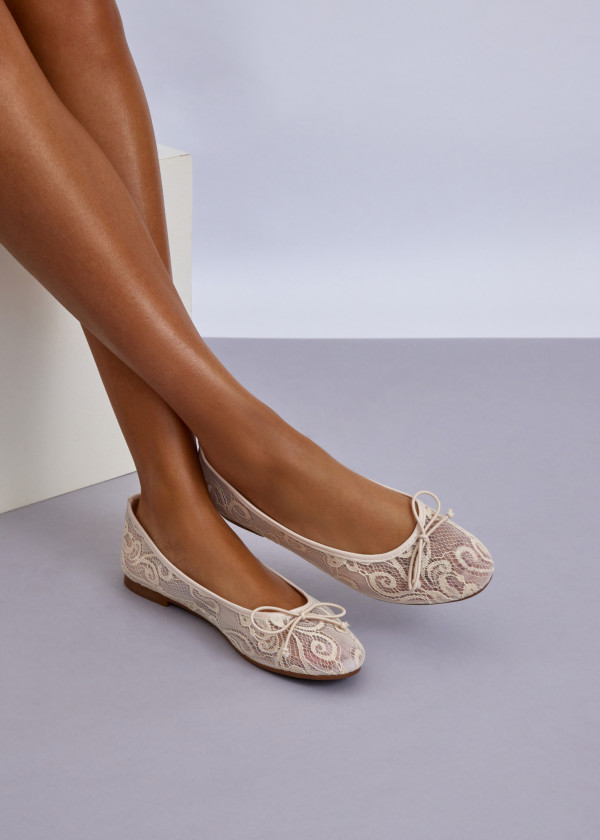 Beige Lace Ballet Flats with Bow Detail 1